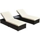Outsunny 3PC Rattan Sun Lounger Garden Outdoor Wicker Recliner Bed Side Table Set Patio Furniture Dark Coffee