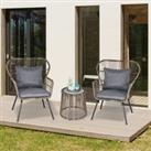 Outsunny 3 Piece PE Rattan Bristo Set with Cushions, Wing-Shaped Chairs & Adjustable Foot Pads, Grey Aosom UK
