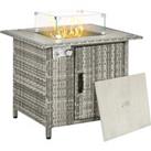 Outsunny Outdoor PE Rattan Gas Fire Pit Table, Patio Square Propane Heater with Rain Cover, Glass Wi