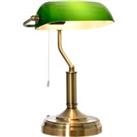 HOMCOM Banker's Table Lamp Desk Lamp with Antique Bronze Base, Green Glass Shade and Pull Rope Switch for Home Office, Living Room,Dining Room