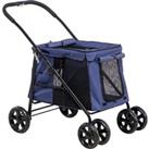 PawHut One-Click Foldable Dog Pushchair w/ EVA Wheels, Storage Bags, Mesh Windows, Doors, Safety Leash, Cushion, for Small Pets - Dark Blue