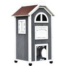 PawHut Wooden Cat House, Weatherproof Pet Shelter, Outdoor Cat Condos Cave, 2 Floor Furniture, Grey 
