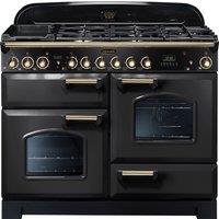 Rangemaster Classic Deluxe CDL110DFFCB/B 110cm Dual Fuel Range Cooker with Gas Hob - Charcoal Black / Brass - A/A Rated, Black