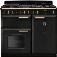 Rangemaster Classic Deluxe 100 Dual Fuel CLDL100DFPCBL/AB1 100cm Dual Fuel Range Cooker with Gas Hob - Charcoal Black / Antique Brass - A Rated, Black