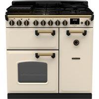Rangemaster Classic Deluxe 90 CLDL90DFPPCR/AB1 90cm Dual Fuel Range Cooker with Gas Hob - Cream / Antique Brass - A Rated, Cream