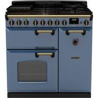 Rangemaster Classic Deluxe 90 CLDL90DFPSTB/AB1 90cm Dual Fuel Range Cooker with Gas Hob - Stone Blue / Antique Brass - A Rated, Blue