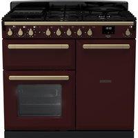 Rangemaster Estel Deluxe ESDL100DFPBOR/AB1 100cm Dual Fuel Range Cooker with Gas Hob - Bordeaux / Antique Brass - A/A Rated, Red