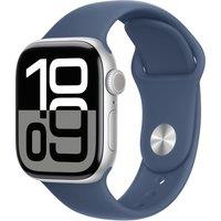 Apple Watch Series 10, 42mm, Silver Aluminium Case, GPS + Cellular [2024] - Denim Sport Band - S/M, Blue
