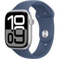 Apple Watch Series 10, 46mm, Silver Aluminium Case, GPS + Cellular [2024] - Denim Sport Band - M/L, Blue