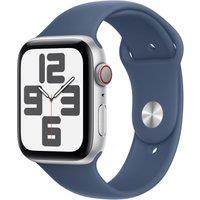 Apple Watch SE (2nd Gen), 44mm, Silver Aluminium Case, GPS + Cellular [2024] - Denim Sport Band - M/L, Blue