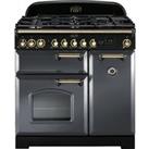 Rangemaster Classic Deluxe CDL90DFFSL/B 90cm Dual Fuel Range Cooker - Slate Grey / Brass - A/A Rated