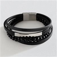 Revere Men's Black Leather Stainless Steel Layered Bracelet