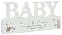Personalised Message Woodland Wooden Baby Ornament - White.