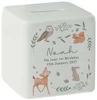 Personalised Message Woodland Animal Print Ceramic Money Box