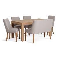 Habitat Alston Oak Dining Table, 1 Bench & 4 Grey Chairs