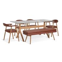 Habitat Zela Glass Dining Table,1 Bench & 4 Lex Tan Chairs