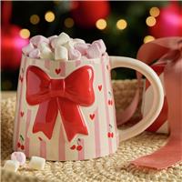 Argos Home Cream & Baby Pink Vertical Striped Bow Mug