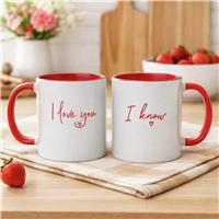 Widdop Pair Of Stoneware Red Handle Mugs- I Love You I Know