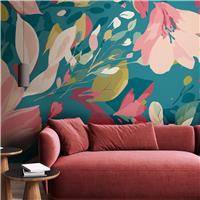 Origin Murals Flowing Flowers Teal Blue and Coral Wall Mural