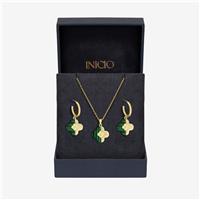 Inicio Gold Plated Malachite Clover Pendant & Earrings Set