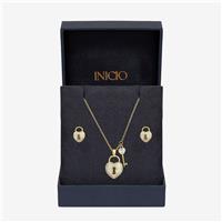 Inicio Gold Plated Padlock Heart Pendant & Earrings Gift Set