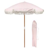 Harbour Housewares Wooden Garden Parasol with Tassels 1.4M - Pastel Pink Stripe