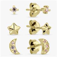 Revere Gold Plated Silver Moon & Star Stud Earrings-Set of 3
