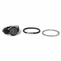 Uncommon Souls Black Leather Strap Watch and Bracelet Set