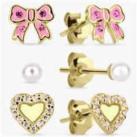 Revere Kids Gold Plated Silver Bow Heart Stud Earrings Set