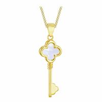 Revere 9ct Yellow Gold Mother of Pearl Clover Key Pendant Necklace Chain