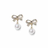 Freedom Gold Crystal Bow Pearl Drop Earrings