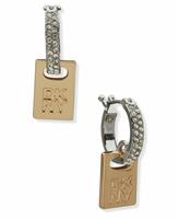 DKNY Gold & Silver Tone Pave Logo Tag Hoop Earrings