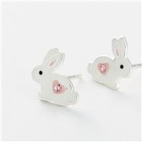 Revere Sterling Silver Pink Crystal White Enamel Bunny Stud Earrings