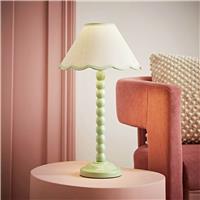 ValueLights Bobbles Wood Sage Green Bobbin Table Lamp With Scallop Shade - Cream