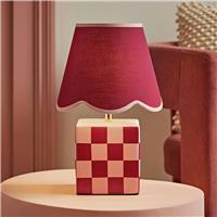 ValueLights Evie Ceramic LED Checkerboard Table Lamp With Pink Scallop- Burgundy