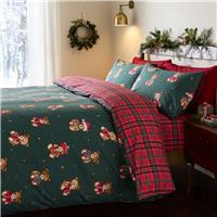Catherine Lansfield Christmas Tartan Bear Green Bedding Set - King size