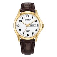 Citizen Gold Tone Stainless Steel Bezel White Dial Brown Leather Strap Watch