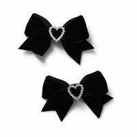 Flitzy Black Velvet Rhinestone Heart Bow Hair Clips - Pack of 2