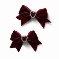 Flitzy Red Velvet Rhinestone Heart Bow Hair Clips - Pack of 2
