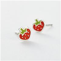Revere Kids Sterling Silver Green and Red Enamel Strawberry Stud Earrings