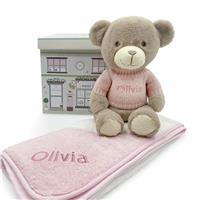 Babyblooms Personalised Frankie Bear And Baby Hooded Towel Gift Set - Pink