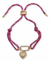 DKNY Gold Tone Pave Heart Charm Pink Cord Slider Bracelet