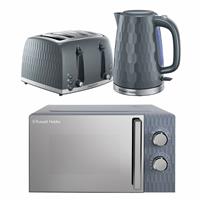 Russell Hobbs Honeycomb Bundle Kettle, 4 Slice Toaster & Microwave - Grey