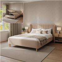 XR Living Lola King Size Velvet Side Lift Ottoman Bed Frame - Beige