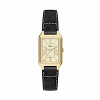 Fossil Gold Tone Case Raquel Three Hand with Date Dial Black Leather Strap Watch