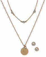 DKNY Gold Tone Logo Crystal Earrings and Pendant Set