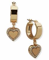 DKNY Gold Tone Pave Heart Drop Hoop Earrings