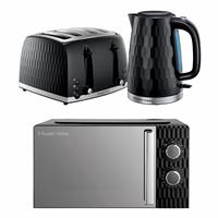 Russell Hobbs Honeycomb Bundle Kettle, 4 Slice Toaster & Microwave - Black