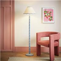 ValueLights Bobbin Floor Lamp with Blue Trim Scallop Shade - Soft Blue