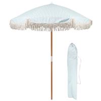 Harbour Housewares Wooden Garden Parasol with Tassels 1.4M - Pastel Blue Stripe